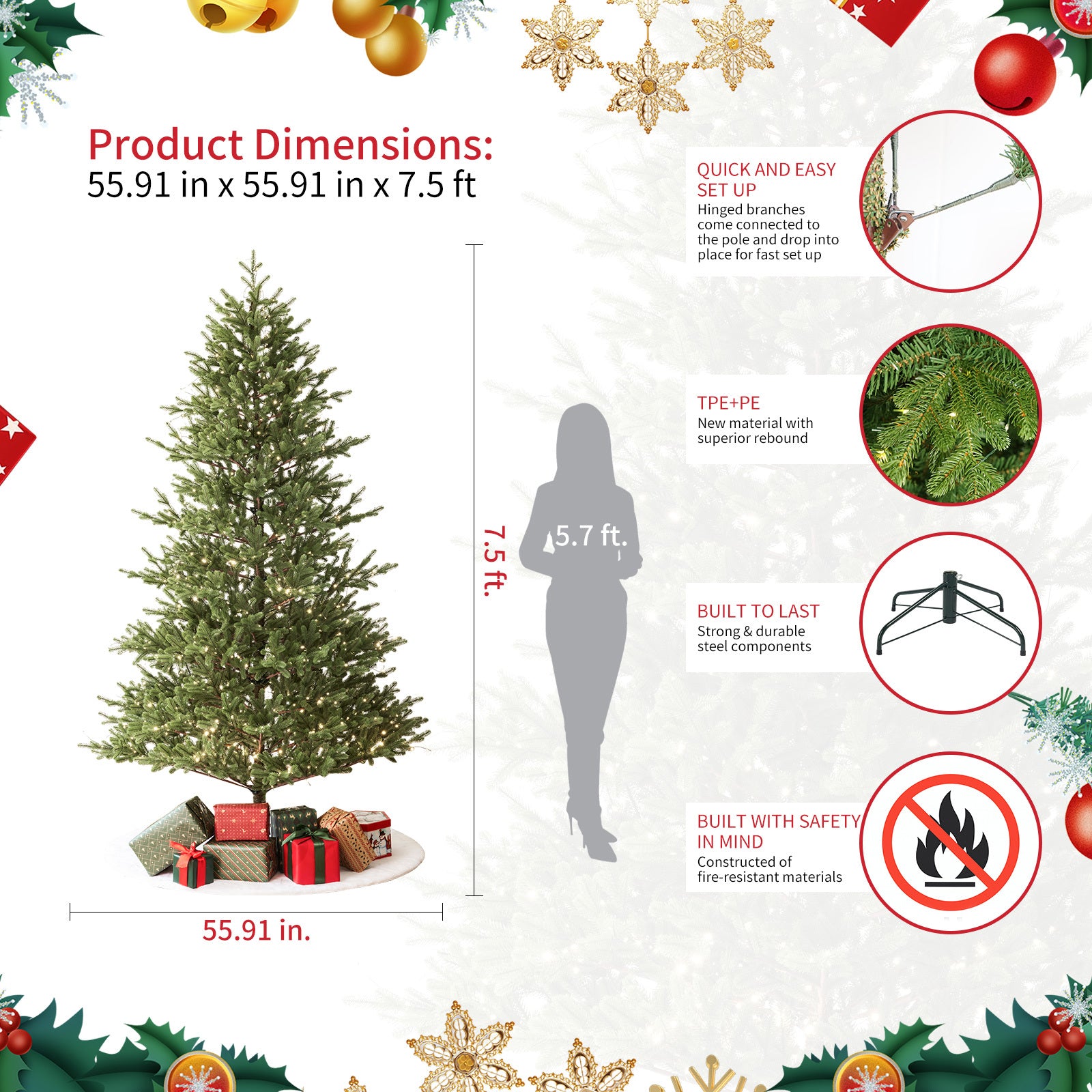 Balsam Fir Heritage 7.5ft Christmas Tree Pre-Lit Artificial Full With Low-Voltage Warm LED Lights, Foldable Stand & Realistic Flame-Resistant Branches